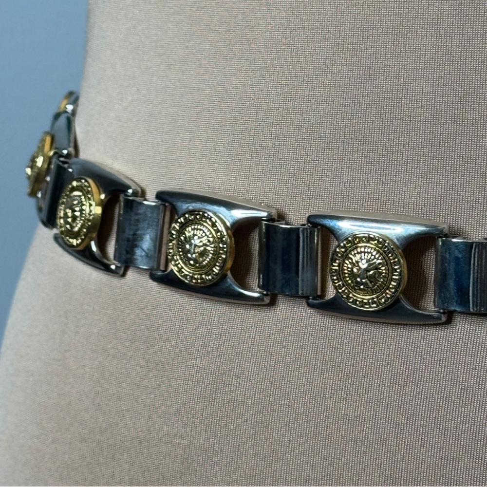 Vintage 90s Lion Lions Face Black Leather Medal Women Buckle Belt Golden Silver - Picture 8 of 12